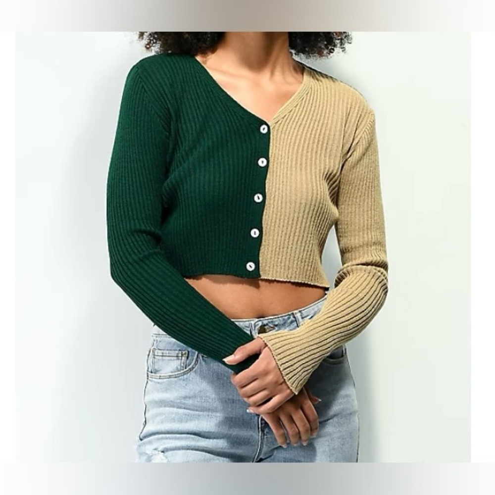 Daisy Street 90’s Green And Beige Crop Cardigan Sweater Size Small